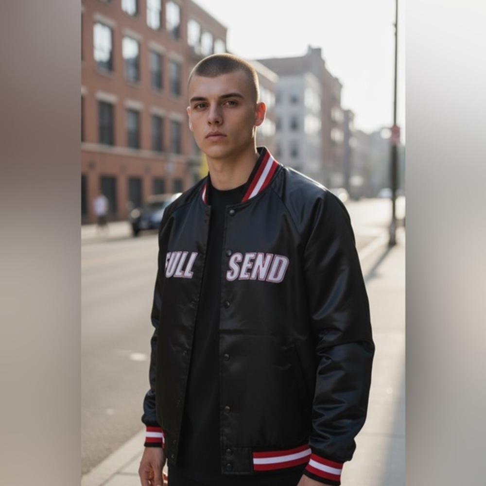 NWT FULL SEND Unisex Black Satin Jack Full Snap Embroidered Logo Jacket - Large